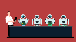 An illustration of robots working with a human